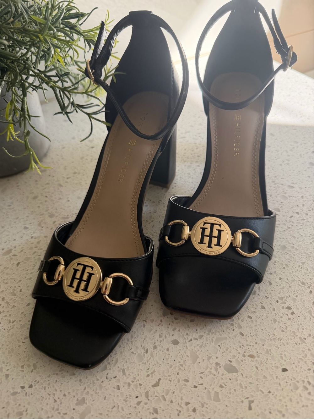 Tommy Hilfiger Black Leather Block Heel Sandals with Gold TH Medallions